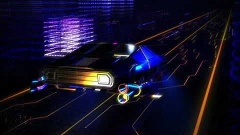 Virtual Sci-fi Reality. Driverless Car Floating over a Digital Road. 3D Effects Stock Footage 220890186