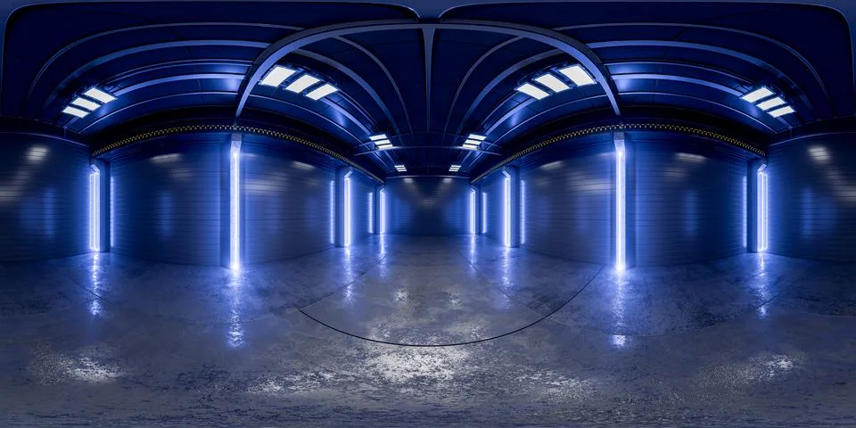 Virtual, sci-fi showroom of a production facility. Spherical HDRI panorama of Stock Illustration