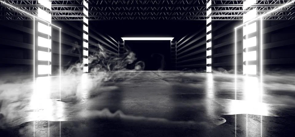 Virtual Sci Fi Smoke Futuristic Neon Laser Spaceship Future Dark Corridor Glo Illustrazione stock