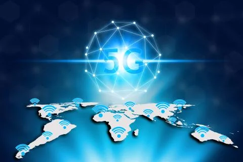 Virtual screen 5G network and wifi on the world map, World map on a technolog Stock Photos