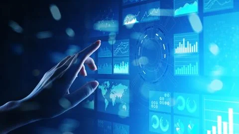 Virtual screen business intelligence dashboard, analytics and big data Fotos Stock