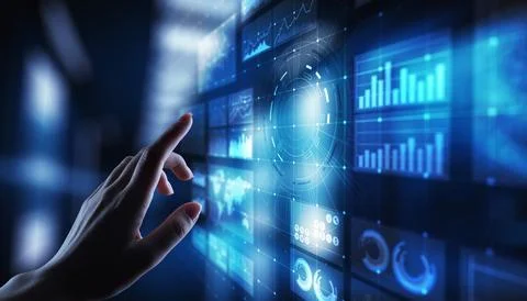 Virtual screen business intelligence dashboard, analytics and big data techno Stock Photos