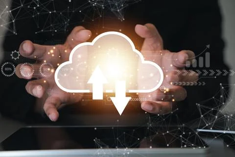 Virtual screen with cloud computing diagram displayed by a man Stock Photos
