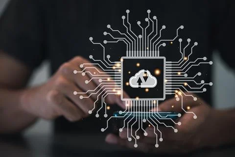 Virtual screen with cloud computing diagram displayed by a man Stock Photos