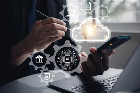 Virtual screen with cloud computing diagram displayed by a man Foto stock