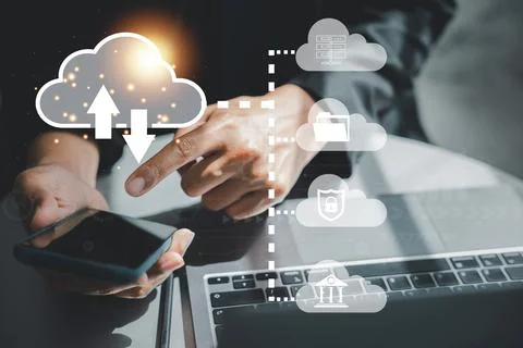 Virtual screen with cloud computing diagram displayed by a man Stock Photos