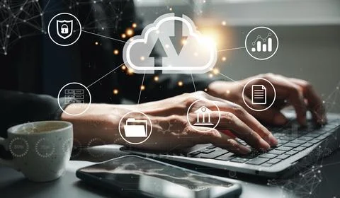 Virtual screen with cloud computing diagram displayed by a man 스톡 사진