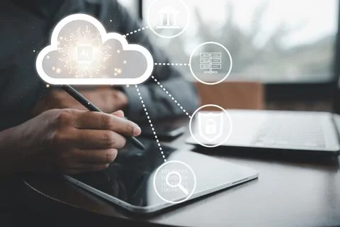 Virtual screen with cloud computing diagram displayed by a man Stock Photos