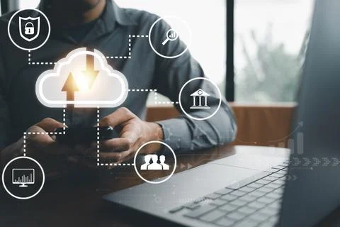 Virtual screen with cloud computing diagram displayed by a man Stock Photos