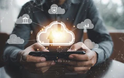 Virtual screen with cloud computing diagram displayed by a man 写真素材