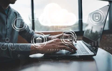 Virtual screen with cloud computing diagram displayed by a man Foto stock