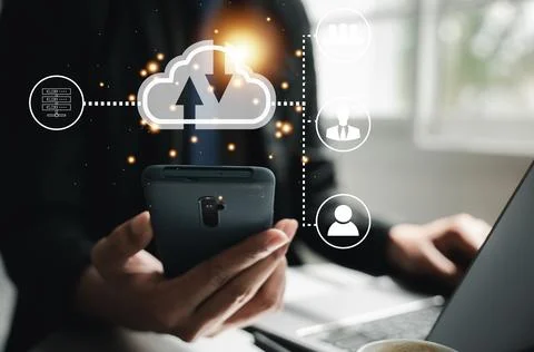 Virtual screen with cloud computing diagram displayed by a man Stockfoto's