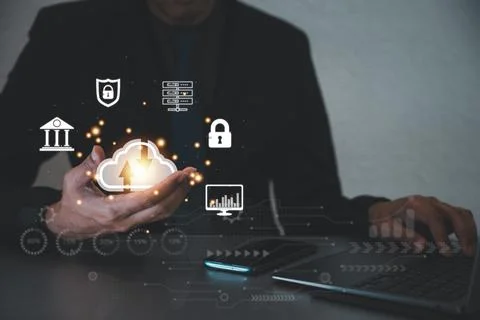 Virtual screen with cloud computing diagram displayed by a man Stock Photos