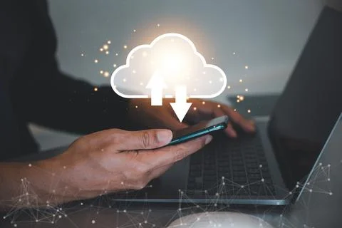 Virtual screen with cloud computing diagram displayed by a man Stock-Fotos