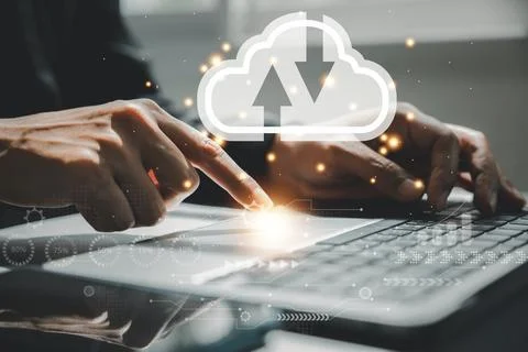 Virtual screen with cloud computing diagram displayed by a man 写真素材