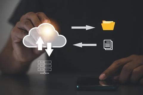 Virtual screen with cloud computing diagram displayed by a man Foto stock