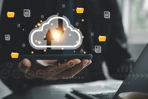 Virtual screen with cloud computing diagram displayed by a man 写真素材