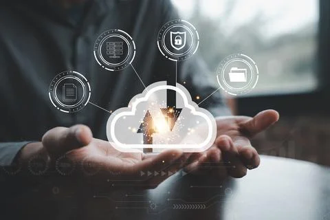 Virtual screen with cloud computing diagram displayed by a man Stock Photos