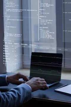 Virtual screen displaying fictional e-commerce web code, user interface styling Stock Photos