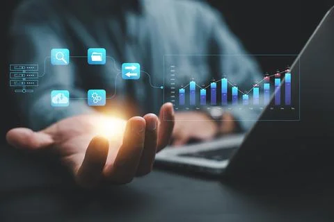 Virtual screen displaying folder icon and automation software Stock Photos