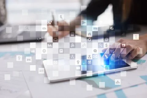 Virtual screen interface with applications icons. APPS. Technology concept. Illustrazione stock