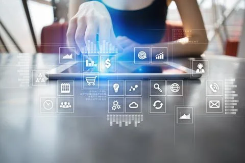 Virtual screen interface with applications icons. Internet technology concept Stock-Fotos