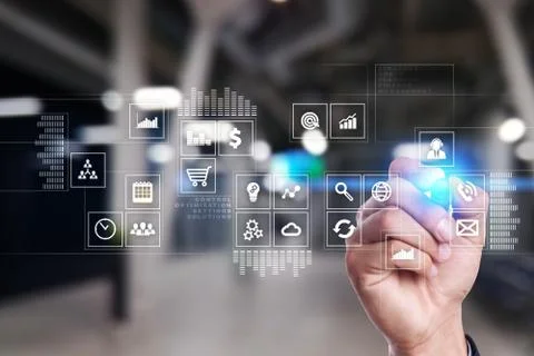 Virtual screen interface with applications icons. Strategy planning concept. Фото