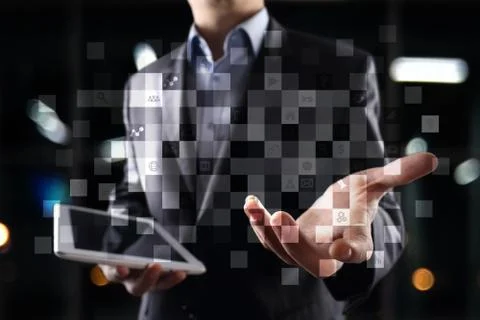 Virtual screen interface with applications icons. Internet technology concept. 스톡 사진