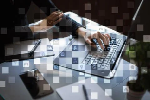 Virtual screen interface with applications icons. Internet technology concept. Stock Photos