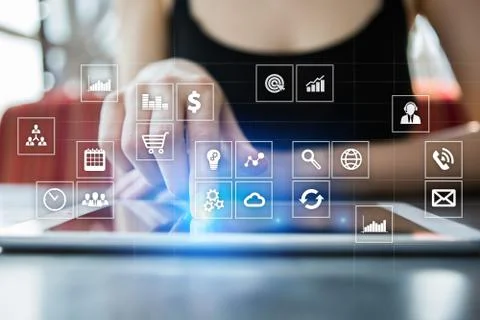 Virtual screen interface with applications icons. Internet technology concept. Fotos Stock