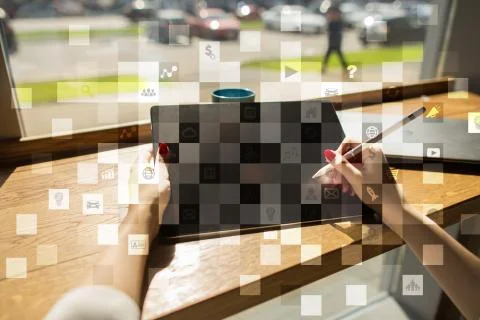 Virtual screen interface with applications icons. Strategy planning concept. Stock-Fotos