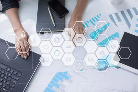 Virtual screen interface with applications icons. Strategy planning concept. Stock Photos