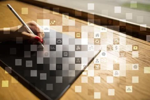 Virtual screen interface with applications icons. Strategy planning concept. Фото