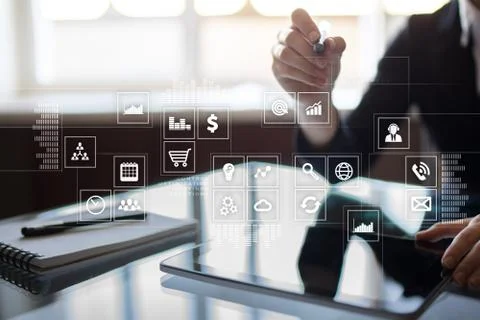 Virtual screen interface with applications icons. Strategy planning concept. 库存照片