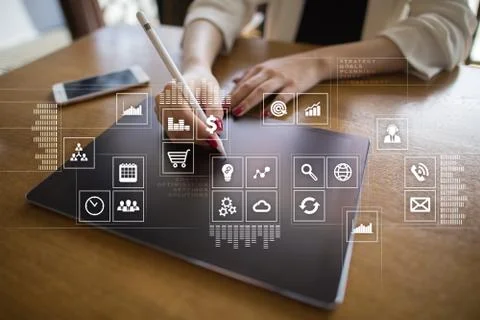 Virtual screen interface with applications icons. APPS. Strategy planning Stock-Fotos
