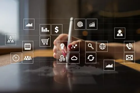 Virtual screen interface with applications icons. APPS. Strategy planning Stock Photos