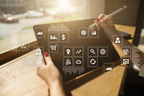 Virtual screen interface with applications icons. APPS. Work Business process in 库存照片
