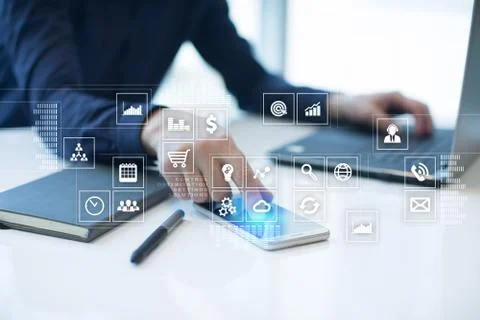 Virtual screen interface with applications icons. APPS. Strategy planning Stock-Fotos