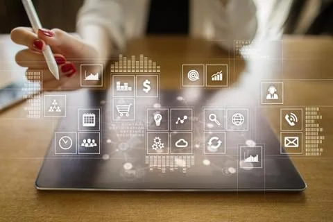 Virtual screen interface with applications icons. APPS. Strategy planning 스톡 사진