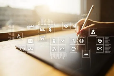 Virtual screen interface with applications icons. APPS. Strategy planning 库存照片