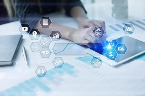 Virtual screen interface with icons and empty space for text. Business, internet Stock Photos