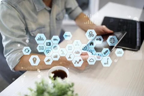 Virtual screen interface. Internet and digital technology in business concept. Stock Photos