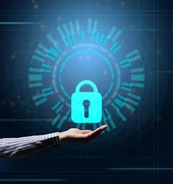 Virtual screen with padlock and hand. The concept of protecting personal info Stock Photos