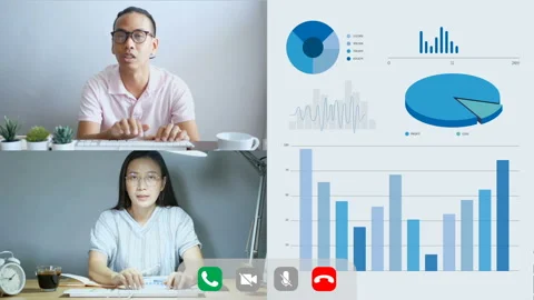 Virtual screen of people make video conference with graph for business strategy Stock Footage 131807966