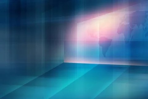 Virtual screen on transparent 3d floor with light rays and world map concept Stock Illustration