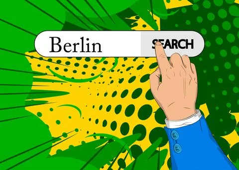 Virtual search bar with the text Berlin. Businessman pushing his right hand i Stock Illustration