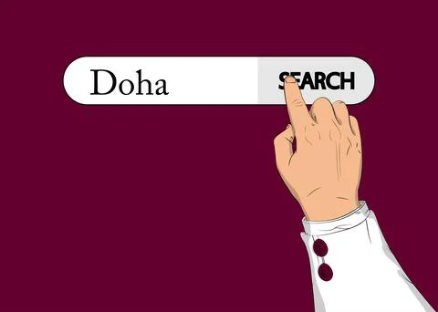 Virtual search bar with the text Doha, Capiatl City of Qatar. Businessman pus Illustration
