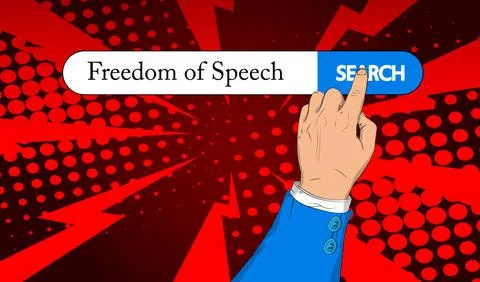 Virtual search bar with the text Freedom of Speech. Businessman pushing his r Stock Illustration