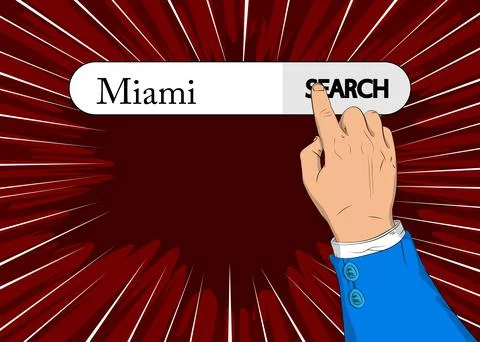 Virtual search bar with the text Miami. Businessman pushing his right hand in Stock Illustration