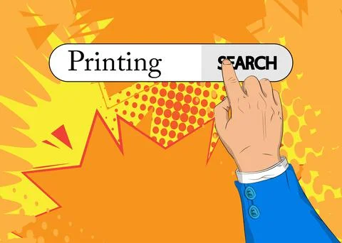 Virtual search bar with the text Printing. Businessman pushing his right hand Illustrazione stock
